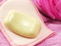 White with soap and pink bath towel and puff Royalty Free Stock Photo