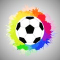 White soccer ball with watercolor rainbow spray. Royalty Free Stock Photo