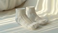 White socks closeup on stylish background. Male female knitted sock mockup. Fashion stylish footwear. Comfort foot covering