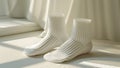 White socks closeup on stylish background. Male female knitted sock mockup. Fashion stylish footwear. Comfort foot covering