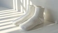 White socks closeup on stylish background. Male female knitted sock mockup. Fashion stylish footwear. Comfort foot covering