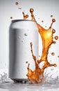 white soda can with drops and splash of orange liquid Royalty Free Stock Photo