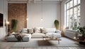 White sofa against brick wall. Interior design of modern living room. Created with generative AI Royalty Free Stock Photo