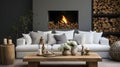 White sofa with blanket and wooden coffee table against fireplace with firewood