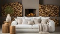 White sofa with blanket and wooden coffee table against fireplace with firewood