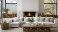 White sofa with blanket and wooden coffee table against fireplace with firewood
