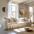 White sofa covered with wrinkled fabric against of window. Boho interior design of modern living room. Created with generative AI Royalty Free Stock Photo