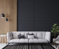 White sofa in cozy home interior, dark living room with wooden wall stripes Royalty Free Stock Photo