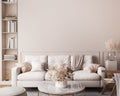 White sofa in living room interior mockup, natural wooden furniture and trendy home accessories on bright beige background