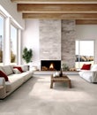 White sofa near fireplace. Interior design of modern living room. Created with generative AI