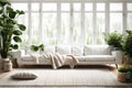 White sofa with plaid and cushions on knitted rug against of grid window between green houseplants Generated Ai Royalty Free Stock Photo