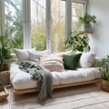 White sofa with plaid and cushions on knitted rug against of grid window between green houseplants. Scandinavian, hygge design Royalty Free Stock Photo