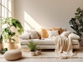 White sofa with plaid and cushions on knitted rug against of grid window between green houseplants. Scandinavian, hygge interior Royalty Free Stock Photo