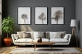White sofa and posters, frames on gray wall. Interior design of modern living room. AI generate Royalty Free Stock Photo