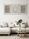 White sofa and posters, frames on wall. Interior design of modern living room Royalty Free Stock Photo
