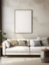 White sofa and posters, frames on wall. Interior design of modern living room Royalty Free Stock Photo