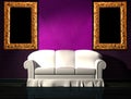 White sofa with purple part of the wall and frames Royalty Free Stock Photo