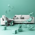 White sofa surrounding by a lot of pastel green little chair.
