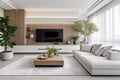 White sofa and tv unit in spacious room. Luxury home interior design of modern living room, panorama Royalty Free Stock Photo