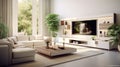 White Sofa and TV Unit in a Spacious Room Luxury Modern Living Room Interior Design with Panoramic View. created with Generative Royalty Free Stock Photo