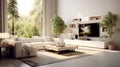 White Sofa and TV Unit in a Spacious Room Luxury Modern Living Room Interior Design with Panoramic View. created with Generative Royalty Free Stock Photo