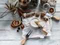 White soft cheese camembert on wooden background