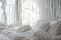 white soft duvet near the head of the bed with pillows, against the background of a large window, the concept of preparing for the Royalty Free Stock Photo