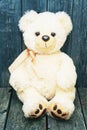 White soft teddy bear on a wooden background