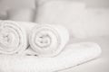 White soft towels on bed indoors, closeup Royalty Free Stock Photo