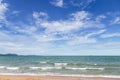 White soft wave on empty tropical beach with white cloud and blue sky