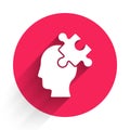 White Solution to the problem in psychology icon isolated with long shadow. Puzzle. Therapy for mental health. Red Royalty Free Stock Photo