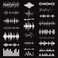 White sound waves logo collection. Modern music equalizer elements. Flat isolated audio symbols. Vector waveform