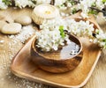 White Spa Flower Blossom in a Wooden Water Bowl.Beautiful Spa Tr Royalty Free Stock Photo