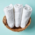 White spa towels on blue, from above Royalty Free Stock Photo