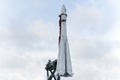 white space rocket at the launch. A rocket on the background of a blue cloudy sky