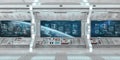 White spaceship interior with control panel digital screens 3D r