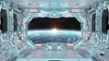 White spaceship interior with glowing blue and red lights. Futuristic spacecraft with large window view on planet Earth. 3D Royalty Free Stock Photo
