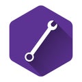 White Spanner icon isolated with long shadow. Purple hexagon button