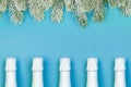 White Sparkling wine bottle and green Xmas tree branch on blue background. Christmas concept Royalty Free Stock Photo