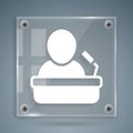 White Speaker icon isolated on grey background. Orator speaking from tribune. Public speech. Person on podium. Square Royalty Free Stock Photo