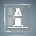 White Speaker icon isolated on grey background. Orator speaking from tribune. Public speech. Person on podium. Square Royalty Free Stock Photo