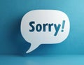 White speech bubble cutout Sorry. message. 3d render concept for apology, expressing regret remorse for error. Icon guilt, Royalty Free Stock Photo