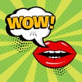 White speech bubble with WOW word and red lips on green background. Card in pop art style. Vector illustration Royalty Free Stock Photo