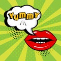 White speech bubble with YUMMY word and red lips on green background. Card in pop art style. Vector illustration Royalty Free Stock Photo