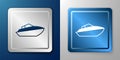 White Speedboat icon isolated on blue and grey background. Silver and blue square button. Vector
