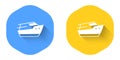 White Speedboat icon isolated with long shadow background. Circle button. Vector