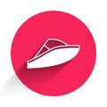 White Speedboat icon isolated with long shadow background. Red circle button. Vector