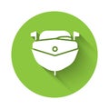 White Speedboat icon isolated with long shadow. Green circle button. Vector Illustration