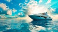 White speedboat in the sea on a background of blue sky with clouds