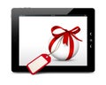 White Sphere with Red Bow, Blank Gift Coupon and eBook Reader Royalty Free Stock Photo
